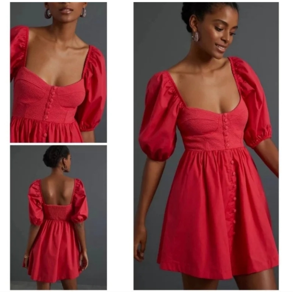 Anthropologie Maeve Puff Sleeve Pink Sweetheart Babydoll Mini Dress Size Medium